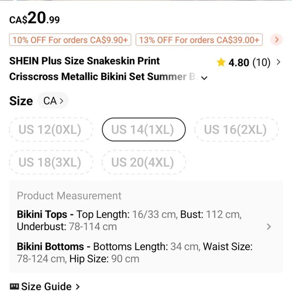 Shein Metallic Criss Cross Snake Print Bikini 1X - Picture 3 of 6